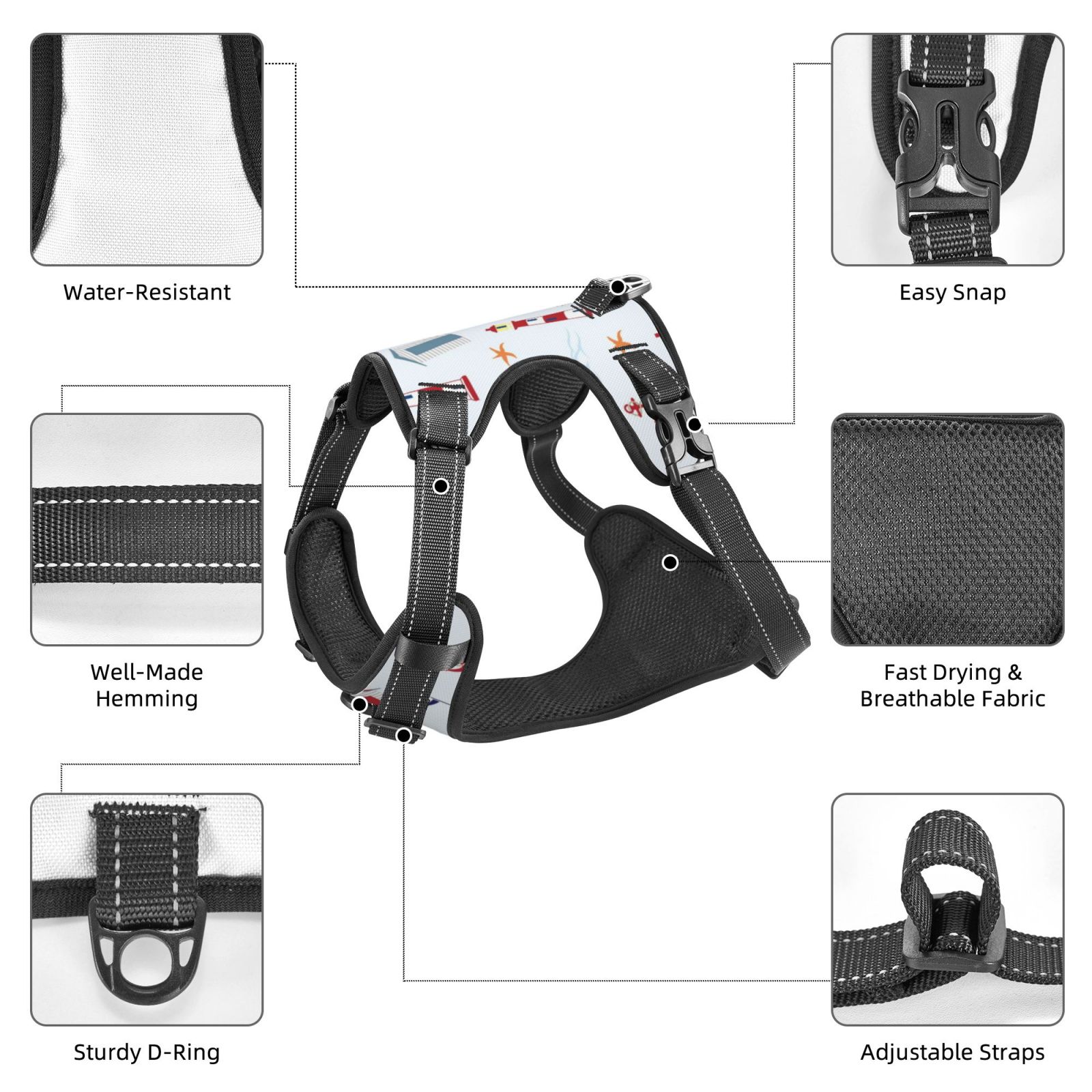 Vsdgher Nautical Lighthouse Sailboat Pattern Dog Harness,No Pull Pet Harness with Soft Padded Handle,Adjustable Reflective Vest with 2 Buckles,4 Slide Buckles,S-XL Medium