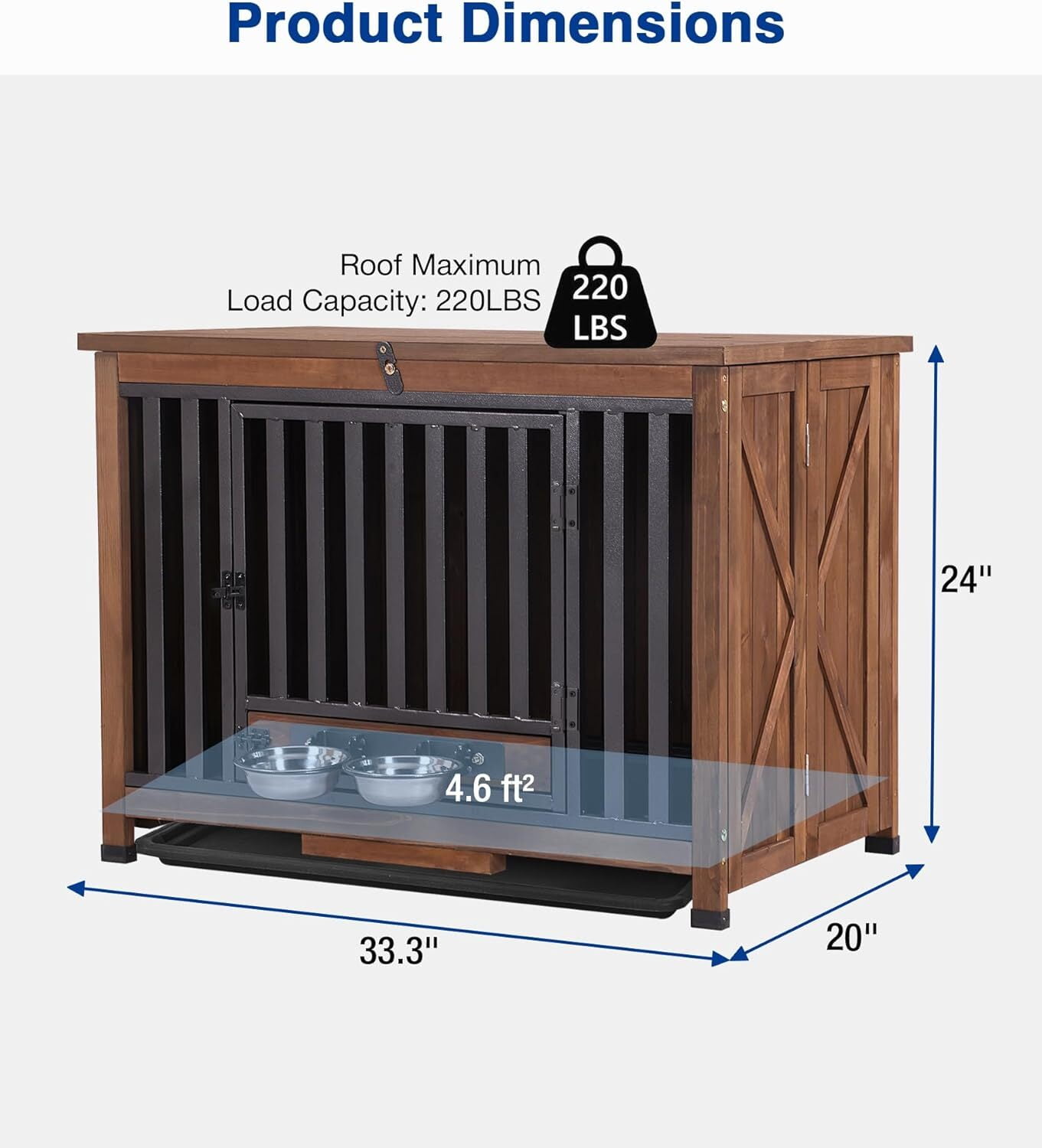 Aivituvin Dog Crate Furniture, Foldable Wooden Dog Kennel Furniture with 360° Rotating Feeding Bowls, Iron Frame Dog Crate with Deepened Sliding Tray , 39.4" L Brown