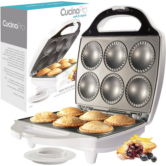 Mini Pie & Quiche Maker for Easy Brunch Baking- Nonstick Baker Cooks 6 Small Quiches or Pies in Minutes- Dough Cutting Circle Included