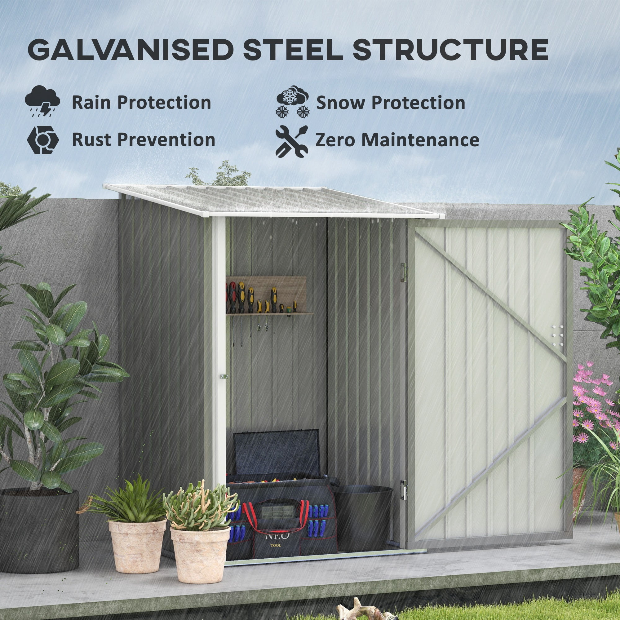 Outsunny 3.3' x 3.4' Lean-to Garden Storage Shed, Small Outdoor Galvanized Steel Tool House with Lockable Door for Patio, Backyard, Lawn, Gray