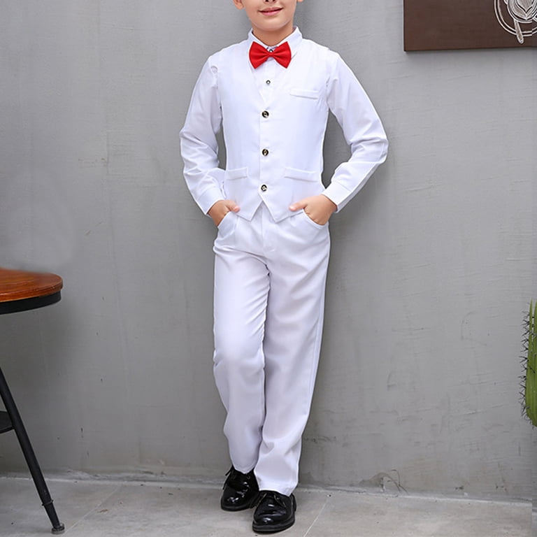 formal dresses for boys Miluxas Suit Set Dress Shirt with Bow Tie, Slim Vest and Pants Toddler Boy Clothes Suits White 5-6Years, Toddler Unisex LowStock:43612150071347