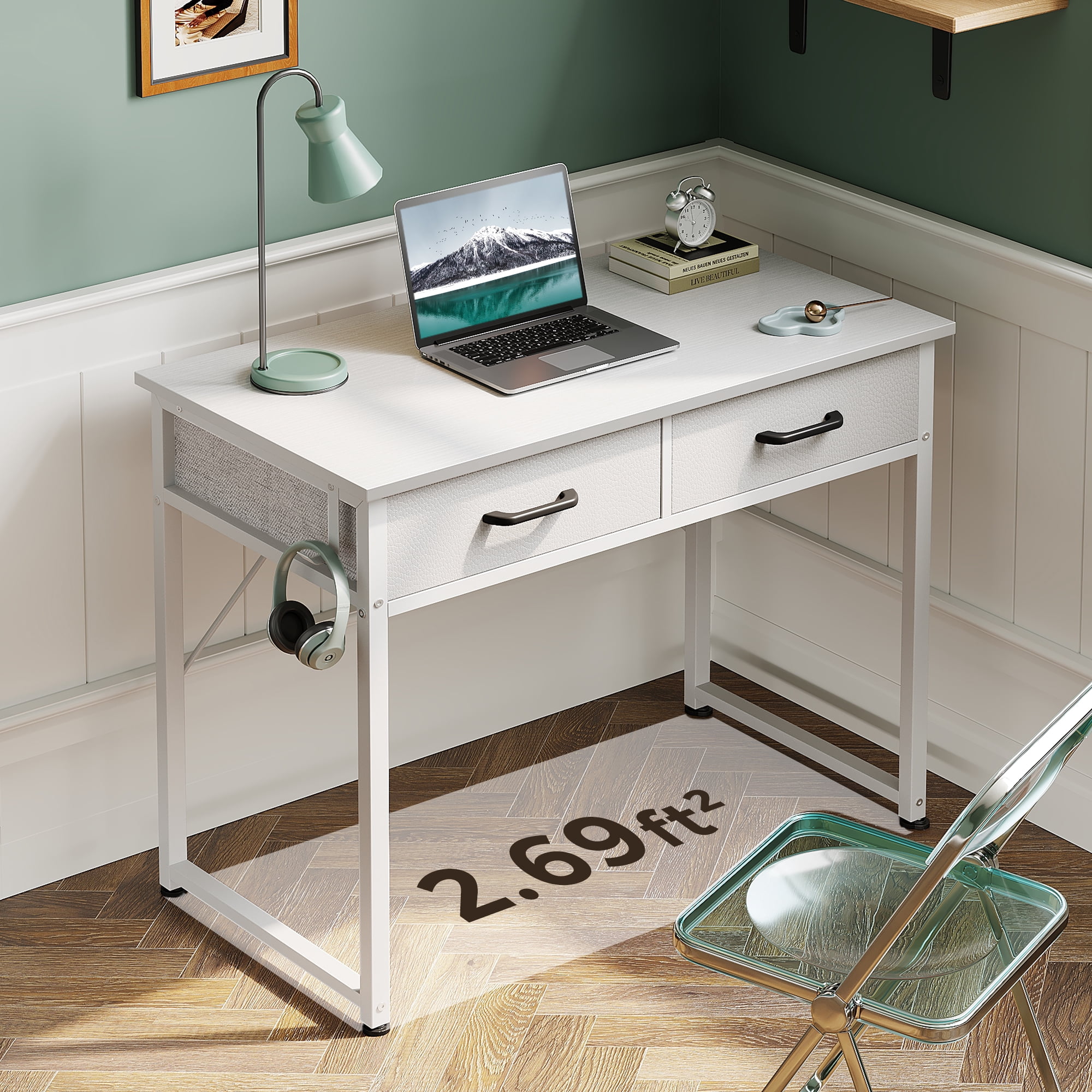 Casacomoda 32 Inch White Writing Desk With 2 Fabric Drawers photo 5