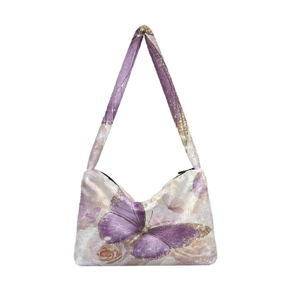 DIXRUYEE Purple Butterfly Print Plush Shoulder Bag Soft Faux Fluffy Hobo Tote Bag With Zipper Closure Casual Lightweight Crossbody Handbag