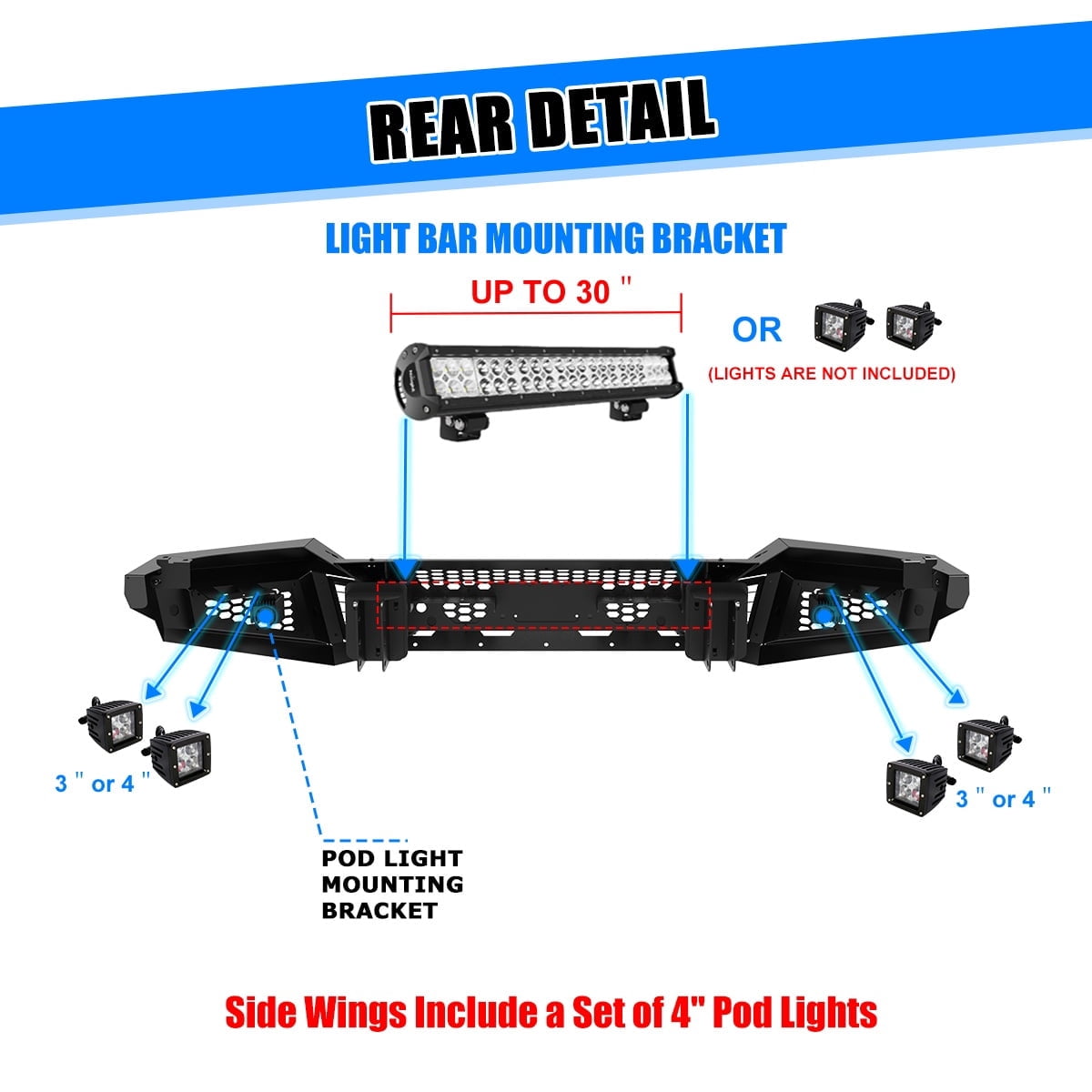 Modular 2 IN 1 Front Bumper + Side Wings For 2019-2024 Ram 2500 3500 Includes a set of 4" pod lights and D-Rings,w/Mounting Hole for Parking Sensors,w/Winch Cable Guide Hole
