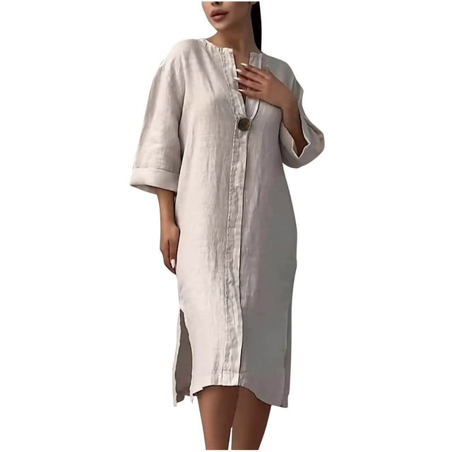 Daiosportswear Robe-Chemise en Coton et Lin pour Femmes, Boutonnée, Col en V, Maxi Blouse, Robe Décontractée Ample à Manches Longues, Abaya avec Poches, Robe à Manches Courtes pour Femmes Beige G(L)