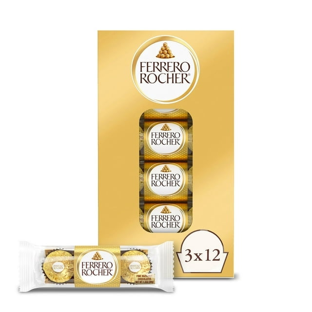 Ferrero Rocher Gourmet Hazelnut Chocolates, 1.3 oz (12 count), With Olive White Bowl By OMA