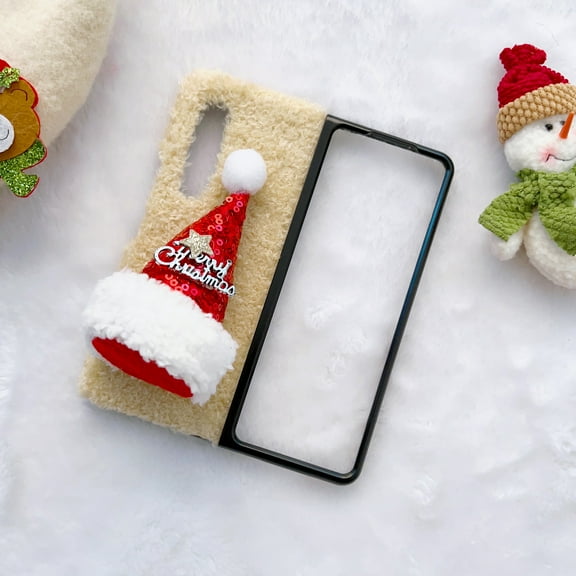 Feishell Compatible with Samsung Galaxy Z Fold3 5G (7.6 inch) Phone Case Christmas Gift for Women Girls Kids,Cute Xmas Hat Soft Warm Plush Fluffy Winter Shockproof Slim Protective Case Cover,Beige