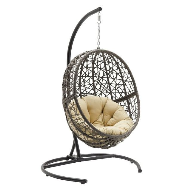 Belham Living Resin Wicker Hanging Egg Chair with Cushion and Stand