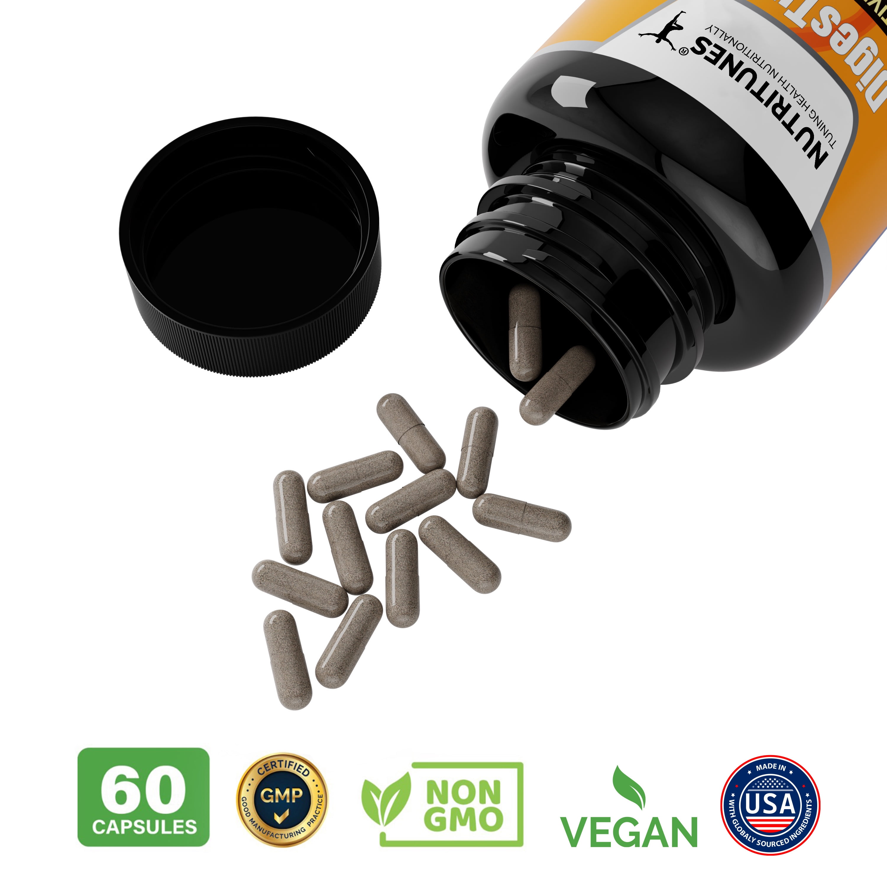 Nutritunes Vegan DigesTunes (60 Capsules) | Premium Digestive Enzymes Helps Digest Carbs, Fats, Proteins, & Lactose - Non-GMO, GMP-Certified, and Allergen Free