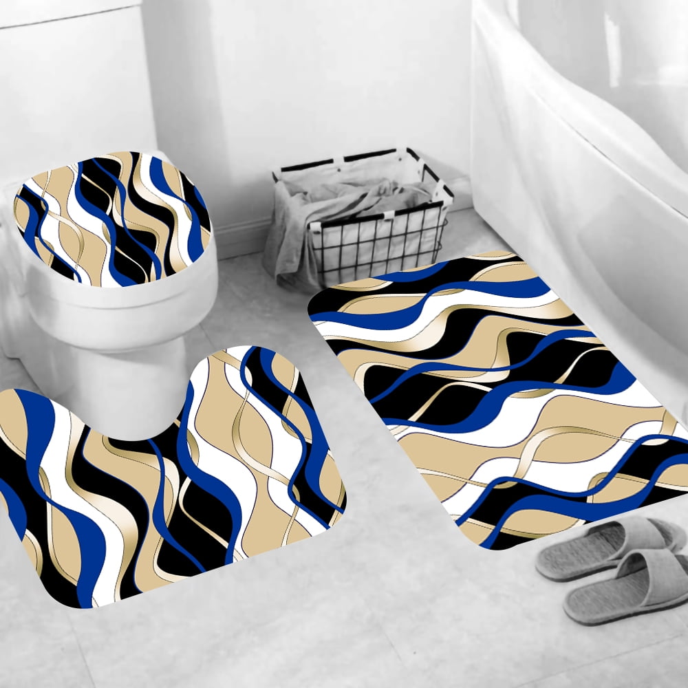 4 Pcs Blue and Yellow Striped Shower Curtain Set Grey and White Bathroom Sets with Shower Curtain and Rugs Modern Home Bathroom Decor Shower Curtains with Rugs and Toilet Lid Cover