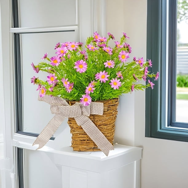 Cesta de guirnaldas florales de primavera y verano para puerta principal con flores simuladas y follaje verde, decoración colgante de ratán para pared en hogar y eventos.