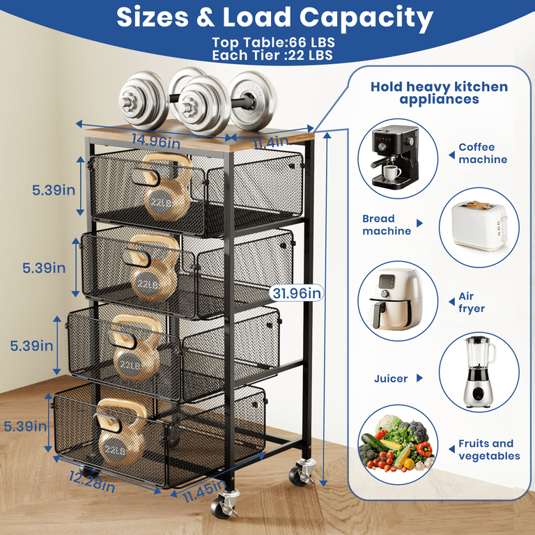 SUNALLY 4-Drawer Rolling Cart with Wooden Top, Black photo 2