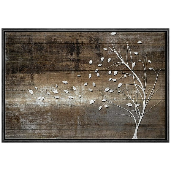 wall26 Canvas Print Wall Art White Tree Silhouette with Blowing Leaves on Vintage Wood Panels Nature Wilderness Modern Art Rustic Relax/Calm for Living Room, Bedroom, Office - 24"x36" Black