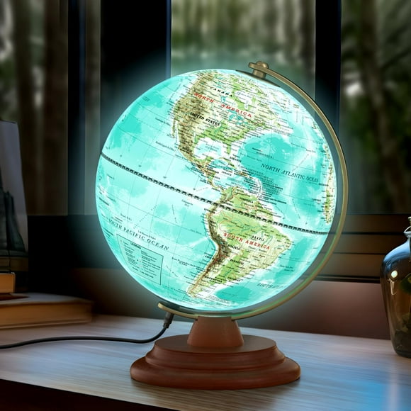 JOWHOL Illuminated Globe of the World with Wooden Stand, 8'' World Globe for Kids & Adults' Learning Built-in LED Night Light, Home Office Classroom Decor Geography Gift