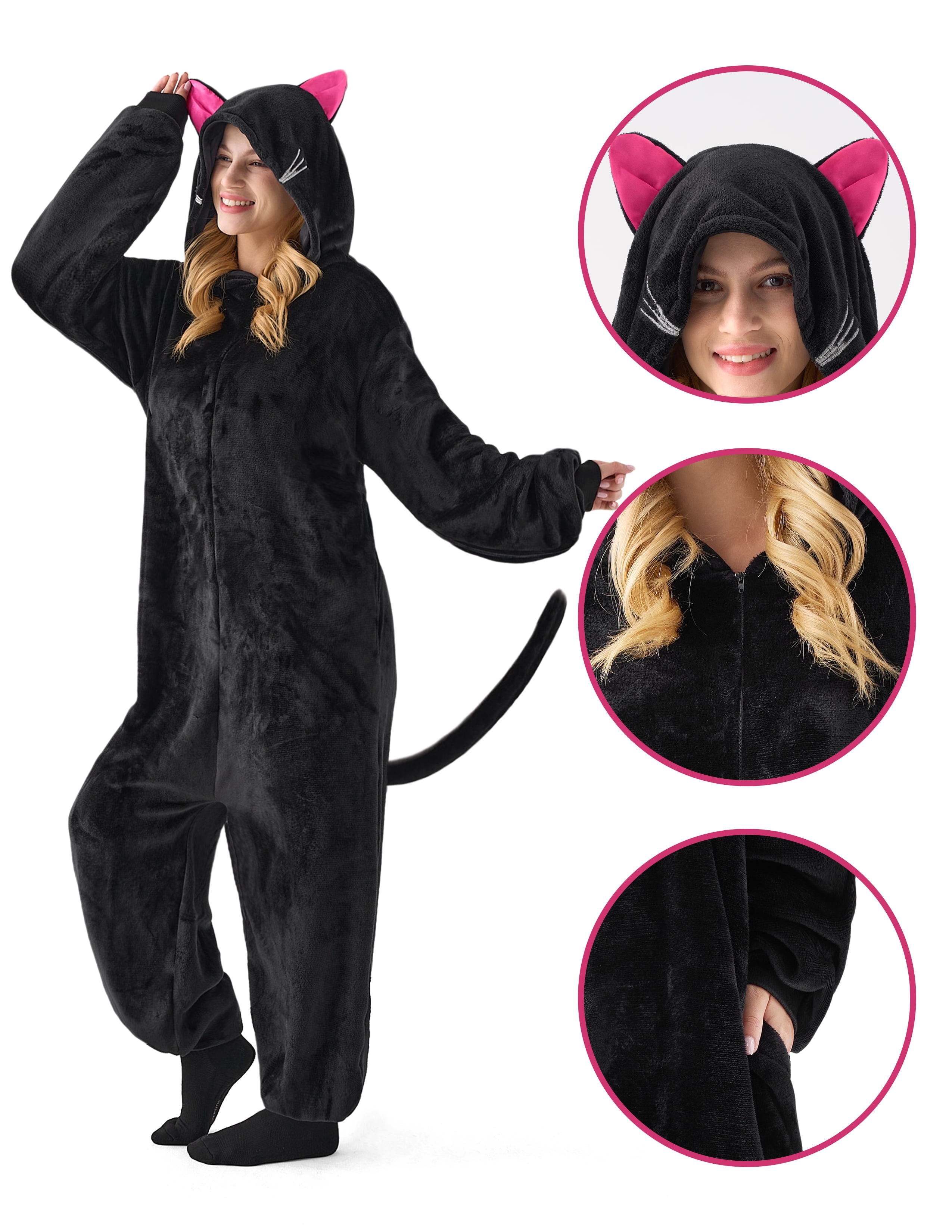 Joyfy Adult Unisex Black Cat Zipper Hooded Pajamas for Halloween