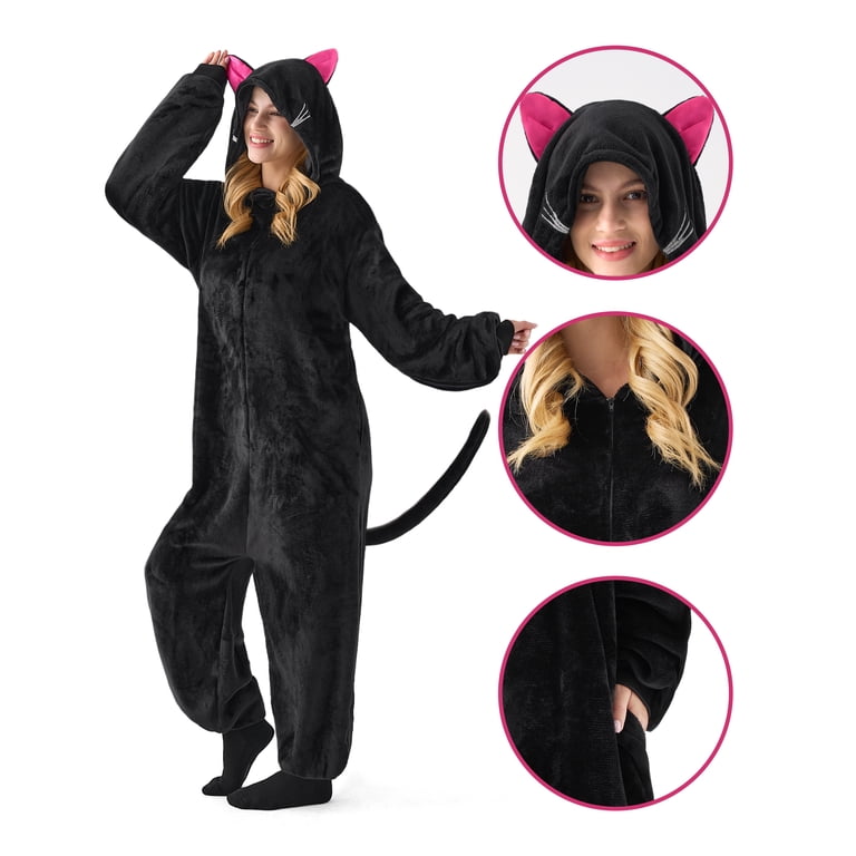 Joyfy Adult Unisex Black Cat Zipper Hooded Pajamas for Halloween