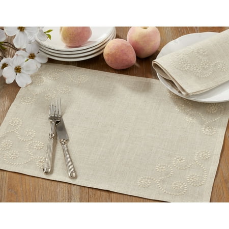 SARO 001.N1420B Embroidered Swirl Design Casual Natural Linen Blend Placemat Natural - Set of 4