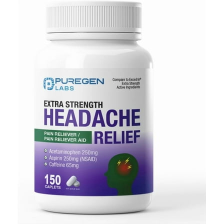 Puregen Labs Extra Strength Headache Relief 150 Caplets with Acetaminophen 250 mg, Aspirin (NSAID) 250 mg, Caffeine 65 mg - Temporary Relief of Minor Aches & Pains