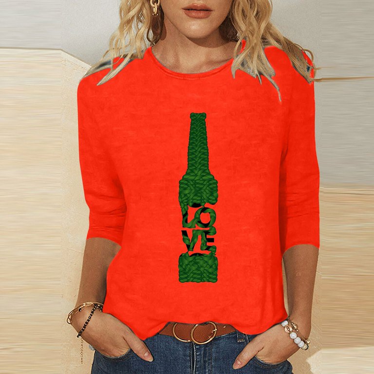 Oalirro Polyester 3/4 Sleeve Shirts for Women Beer Print Crew Neck Tops for  Women Casual Summer