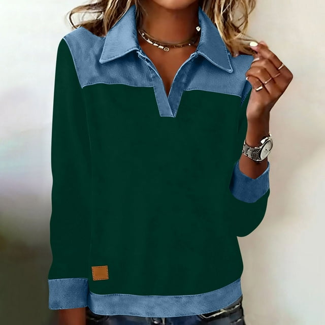 Nuoqisi Oversized Shirts for Womens Cozy Spring Summer Tops Tunic Collared Denim Polo Patchwork Pullover Long Sleeve Round Neck Sweatshirt