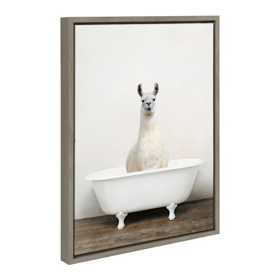 Kate and Laurel Sylvie Alpaca in the Tub Color Framed Canvas Wall Art by Amy Peterson Art Studio, 18x24 Gray, Modern Fun Decorative Bathtub Wall Art for Home Décor