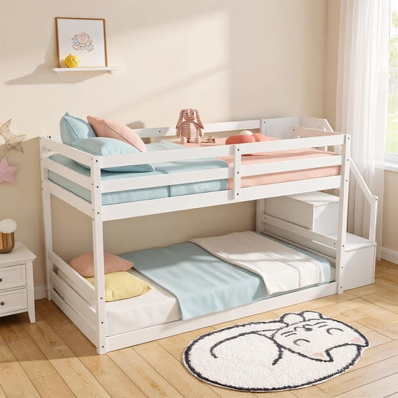 Topcobe Twin Over Twin Low Bunk Bed with Storage Stairs Solid Wood Floor Bunk Bed Frame, Platform Bed Frame, Indoor Furniture for Bedroom-White