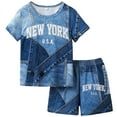 thumbnail image 1 of JTieacloth Ensemble d'Été en Denim pour Garçons avec Short Imprimé Lettre, Col Rond, Tenue Décontractée Deux Pièces, Tailles 3-4 Ans, 1 of 6