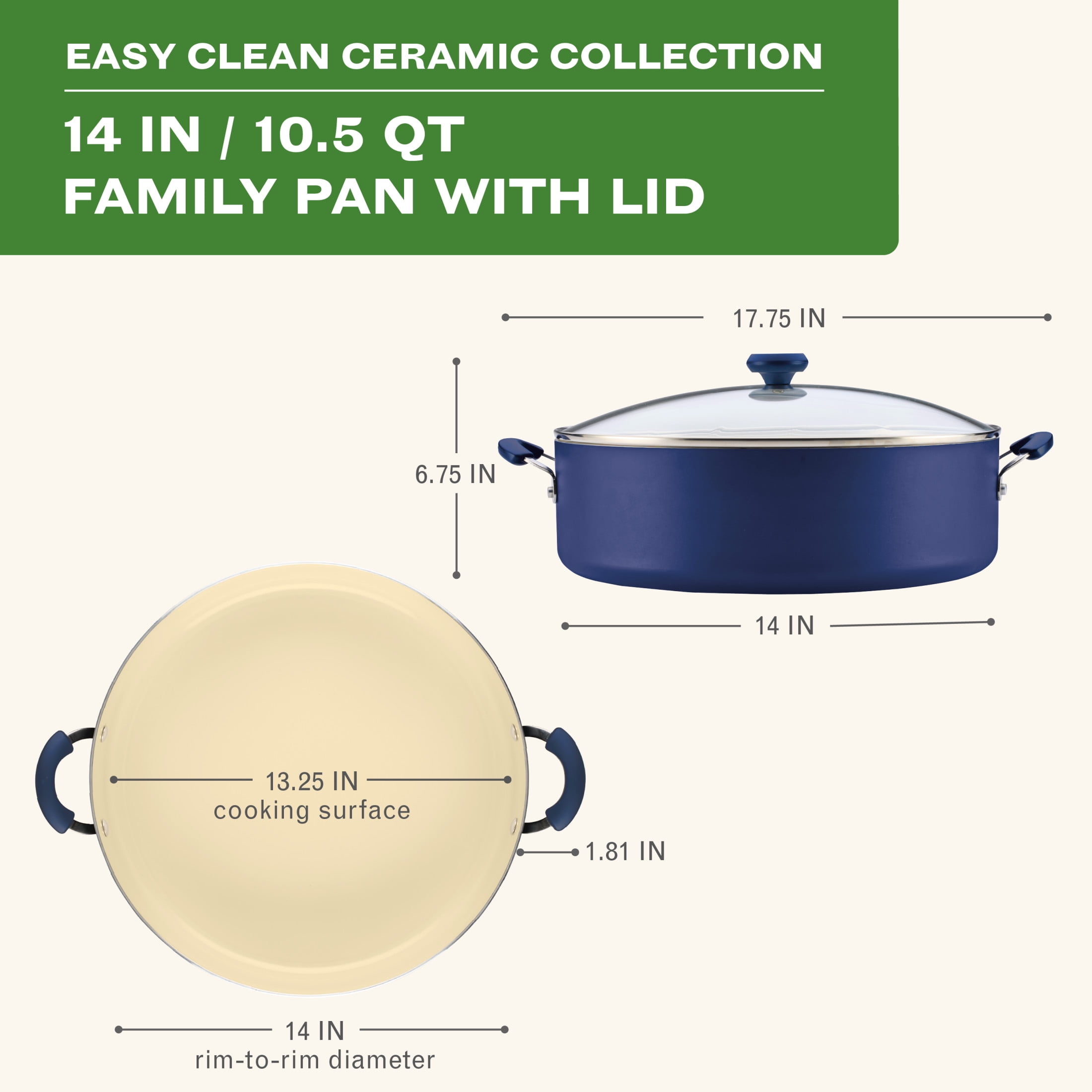 Farberware Easy Clean 14 Inch Ceramic Nonstick Large Family Pan / Saute Pan with Glass Lid, 10.5 Quart Capacity, Dishwasher Safe, Blue