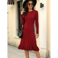 thumbnail image 6 of Women'S Ribbed Knit Sweater Dress Casual Long Sleeve Crew Neck Bodycon Pleated A Line Long Dress Streetwear Wine Red XXL, 6 of 9