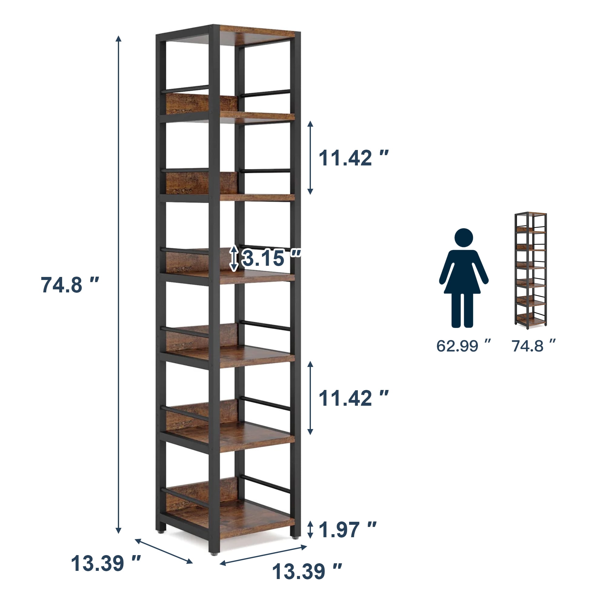 Demi Bonn 6-Tier Corner Shelf, 74" Narrow Etagere Bookshelf Storage Rack for Bedroom, Living Room, Brown