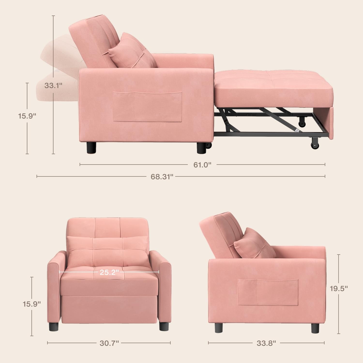Convertible Sleeper Chair Bed, Linen Sofa Bed with Pillow for Small Space, Single Recliner Daybed with Adjustable Backrest, Pink