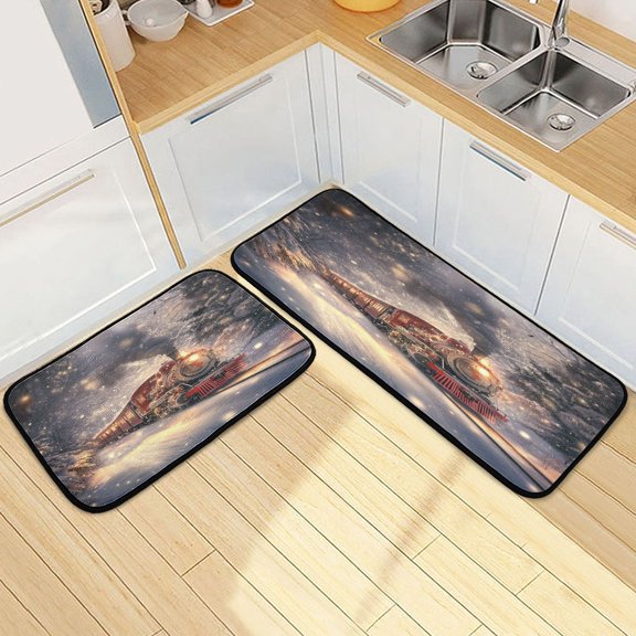 Kitchen Rugs and Mats【2 PCS】Non Skid Red Christmas Train Creative Kitchen Mat