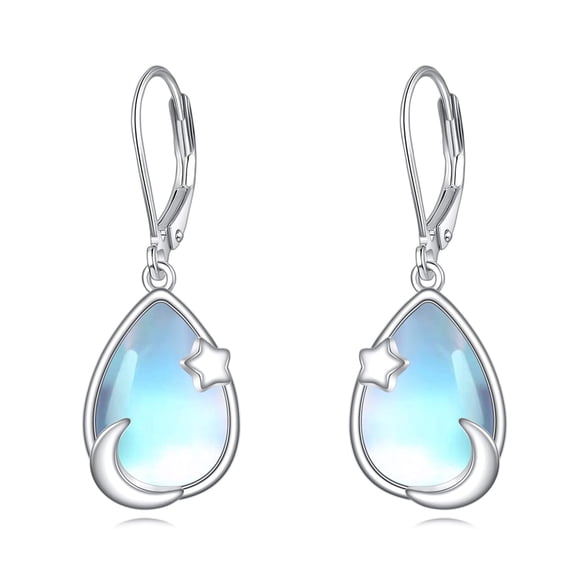 Moon And Star Earrings 925 Sterling Silver Moonstone Dangle Drop Earrings Elegant Teardrop Jewelry Gifts for Women