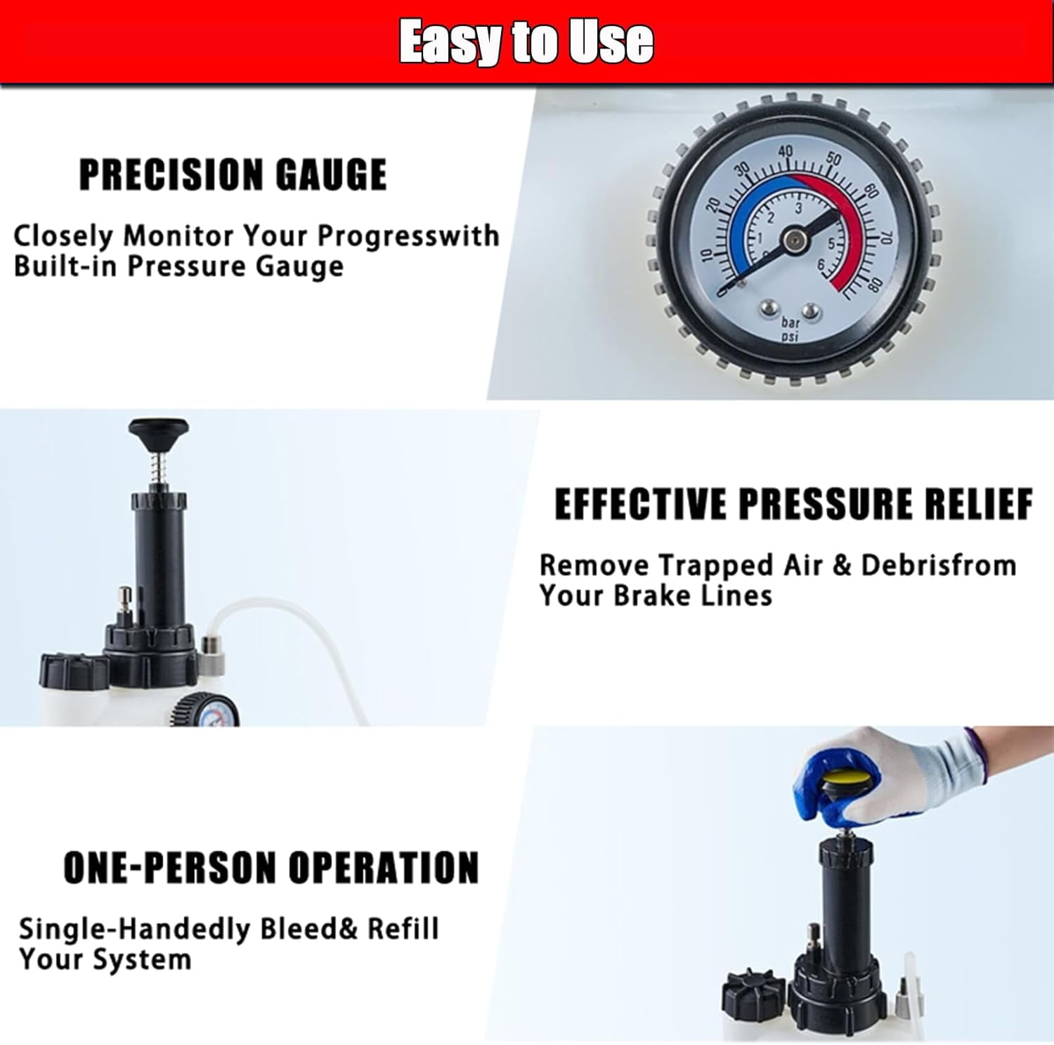 3L Manual Brake Bleeder Kit with Vacuum Pump – Compatible with Toyota & European Cars (Includes 1 Aluminum Adapter for Toyota + 2 Universal 45mm Caps + 150cm Hose + 1L Oil Bottle)