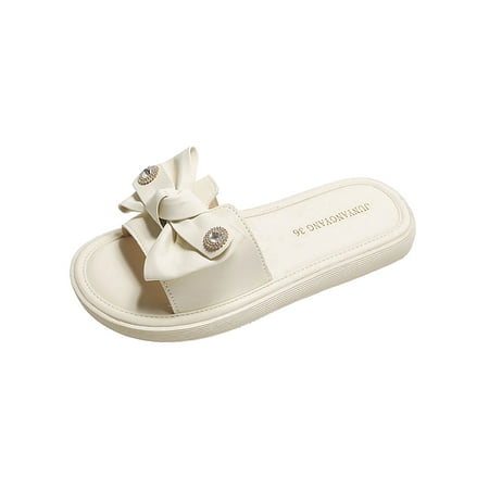 

Daeful Ladies Slide Sandal Summer Flat Sandals Slip On Shoes Walking Soft Waterproof Bow Slides White 7