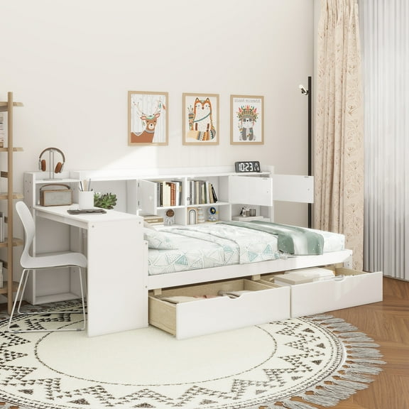Wooden L-Shape Daybed with Seven Storage Cabinets and Two Storage Drawers, Multi-functional Bed with Study Desk and Built-in Bookshelf, White