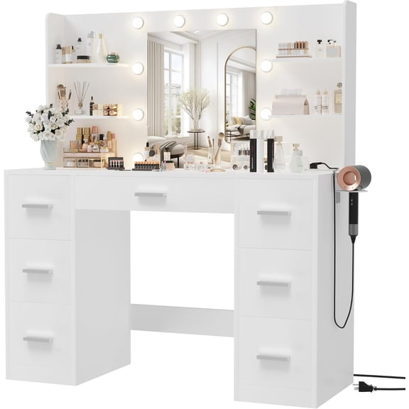 ZYPPP Vanity Desk with Mirror, LED Lights and Power Outlet Makeup Vanity Table with 7 Drawers and 6 Storage Shelves Dressing Table for Bedroom Dressing Room (White)
