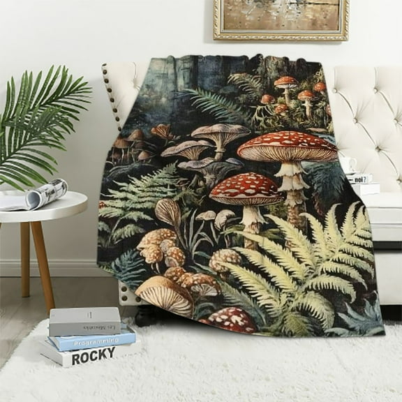Patifu Mushroom Forest Throw Blanket- Ultra Soft, Lightweight,Enchanting Fungi Lush Ferns Blankets, for Couch Room Bedroom Modern Decor, Gifts for Women & Nature Lovers 40x50in