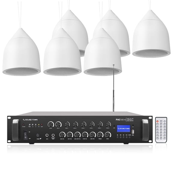 Sound Town Commercial Restaurant Bluetooth Amplifier   Pendant Speaker Set, with One 6-Zone 70V/100V Amplifier with Bluetooth, 6 x Weather-Resistant 6.5-Inch Pendant Speakers, White (PAC180X6PD6W)