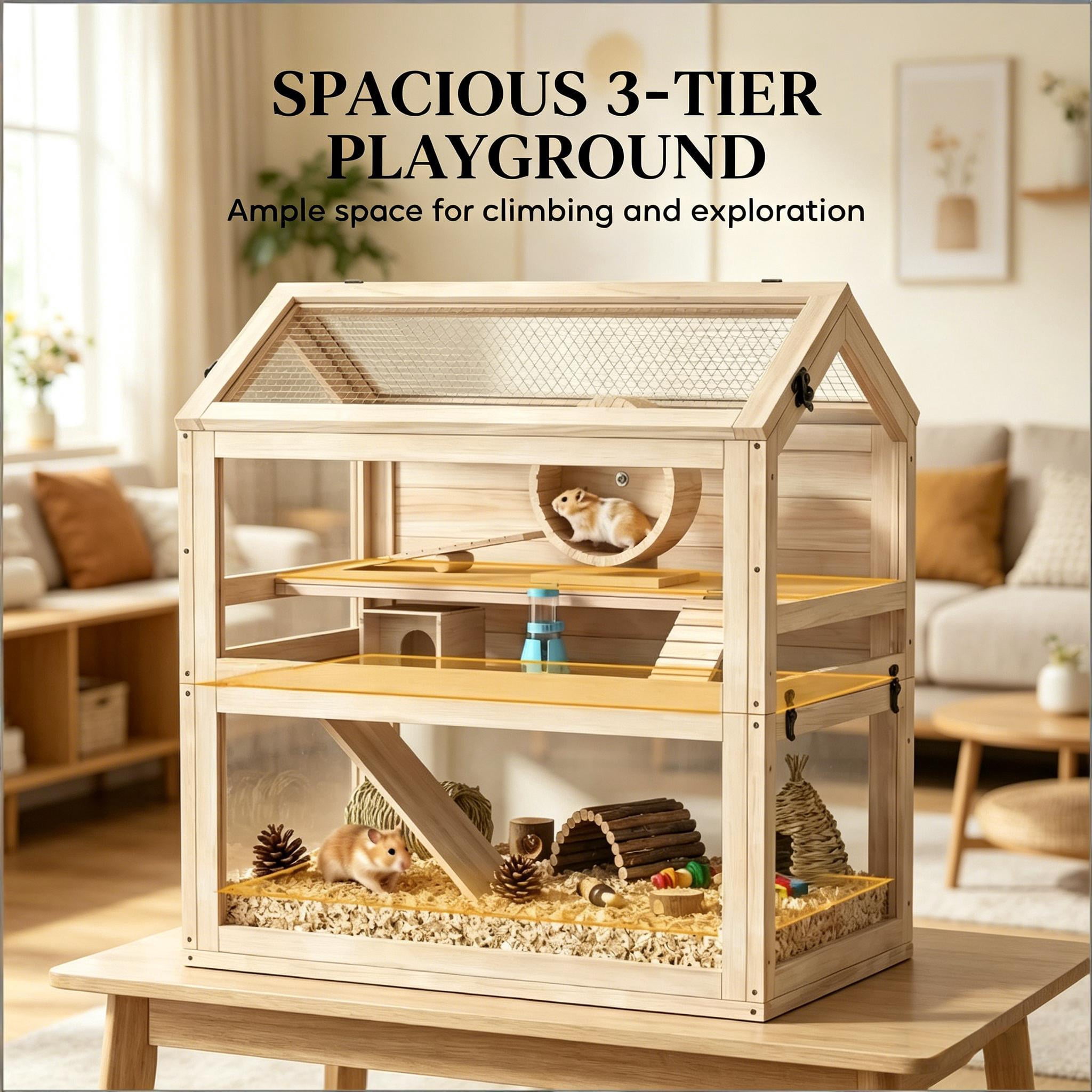 Spacious Small Animal Cage, Wooden Hamster Cage Pet Cage