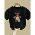 thumbnail image 1 of Loose Fit Short Sleeve T-Shirt - Black Geometric Floral Print with Happy Graphic, Breathable Summer Casual Top for Boys & Girls, Tshirts for Girls, Medium Stretch Fabric, 1 of 6