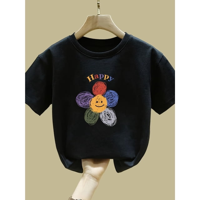 Loose Fit Short Sleeve T-Shirt - Black Geometric Floral Print with Happy Graphic, Breathable Summer Casual Top for Boys & Girls, Tshirts for Girls, Medium Stretch Fabric