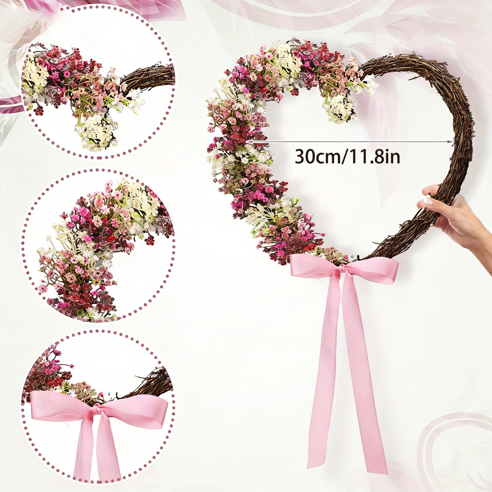 Valentine's Day Heart Wreath with Artificial Ba-by's Breath and Bow, 12 Inch Faux Floral Door Hanging for Indoor Outdoor Decor