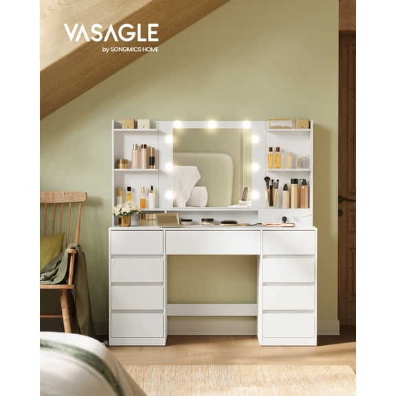 VASAGLE Kailyn Collection - Vanity Desk with Mirror and 9 LED Bulbs, Vanity Makeup Table with Power Outlets, Dressing Table with 9 Drawers, for Bedroom, Cloud White