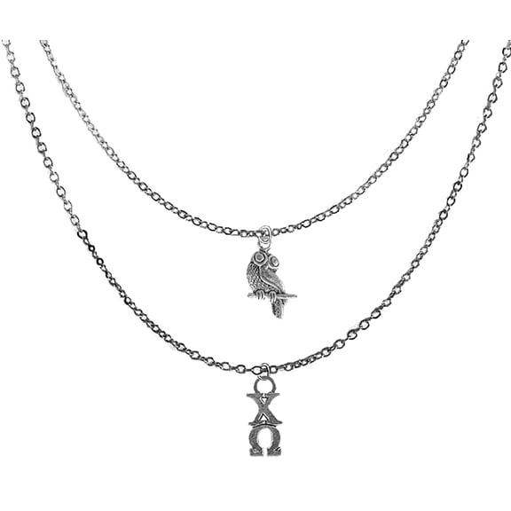 Chi Omega Sorority Jewelry, Adjustable Double Chain Silvertone Necklace. Greek Letters And Owl Mascot. Hypoallergenic-Safe,No Nickel,Lead,Or Cadmium In The Metal. Great Gift For Big/Little Sister