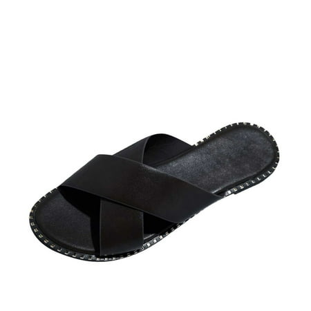 

Womens Studded Flat Sandals Open Toe Slip On Mule Slides Crossed Strap Slipper