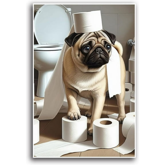 AVOI Pug Funny Bathroom Wall Art, Toilet Kids Poster, Whimsical Dog Lover Gifts, Humor Canvas Poster Unframe: 16x24in