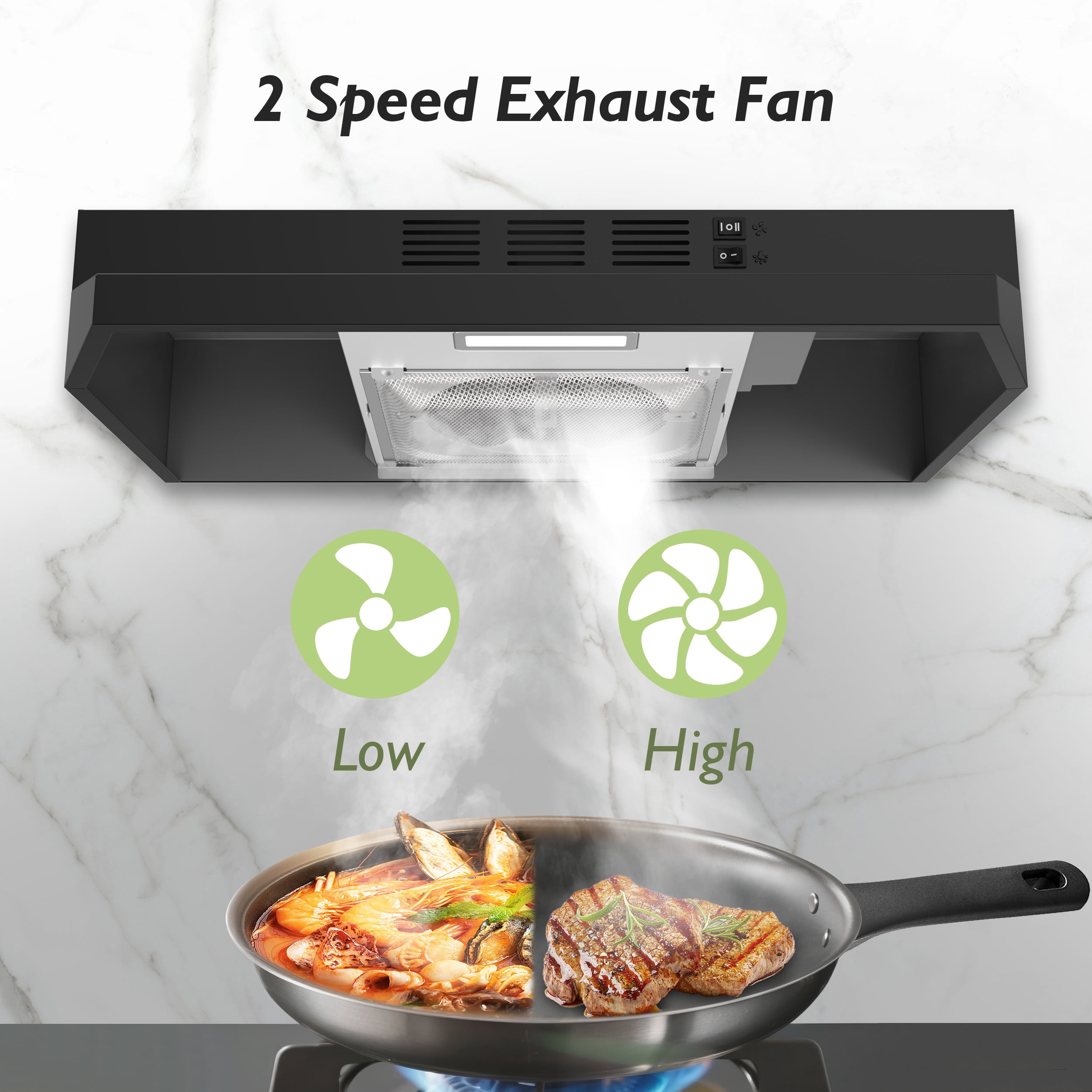 FIREGAS Black Range Hood 24 inch Under Cabinet Range Hood with 2 Speed Exhaust Fan,Ducted/Ductless Convertible,Rocker Button Control,300 CFM,Aluminum Filter