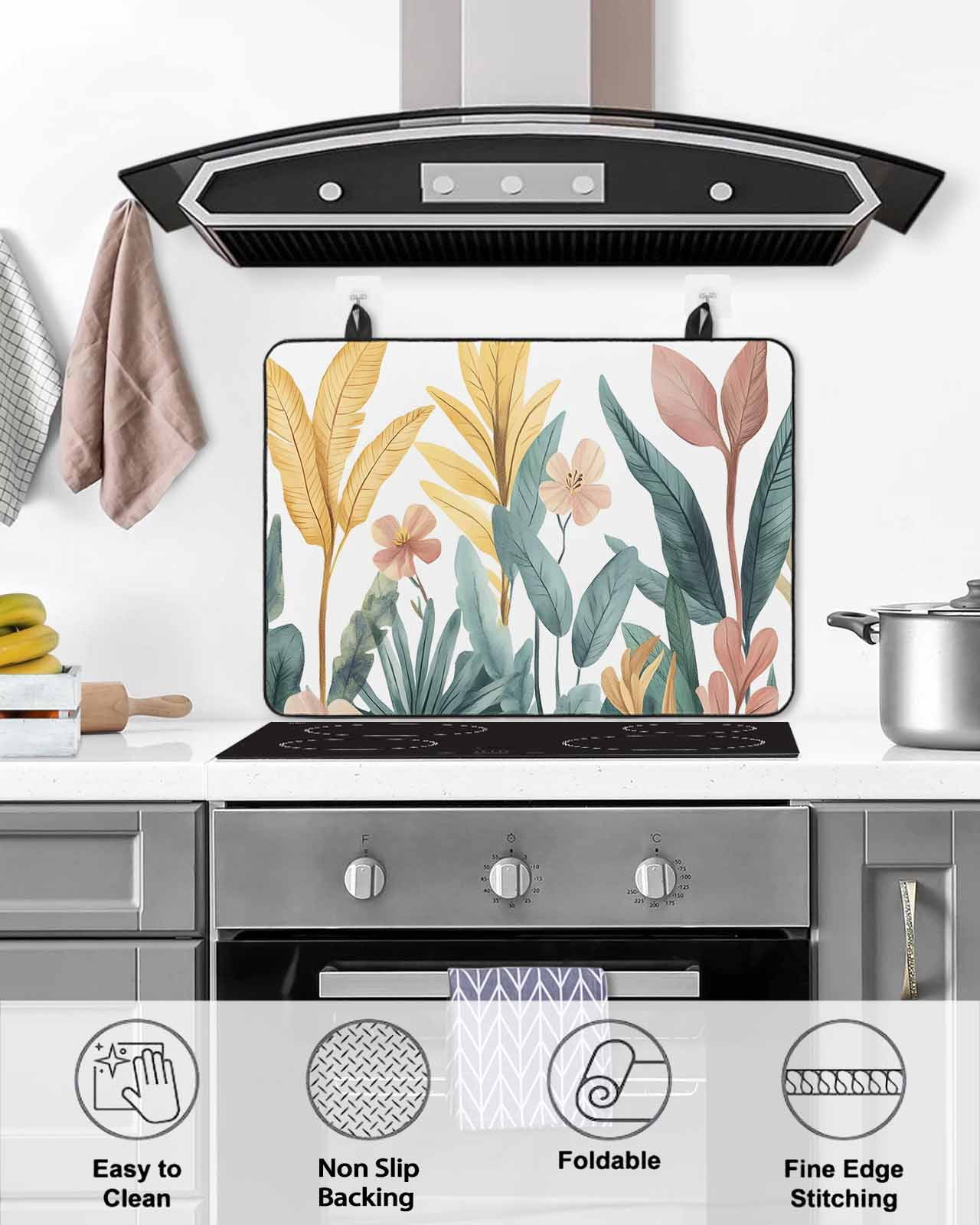 nqOlkjepod Large Induction Cooktop Protector Mat 36"x21", Yellow Green Leaves Stove Top Covers for Electric Stove, Retro Watercolor Floral Decorative Stove Burner Cover Mats, Glass Top Stove Cover