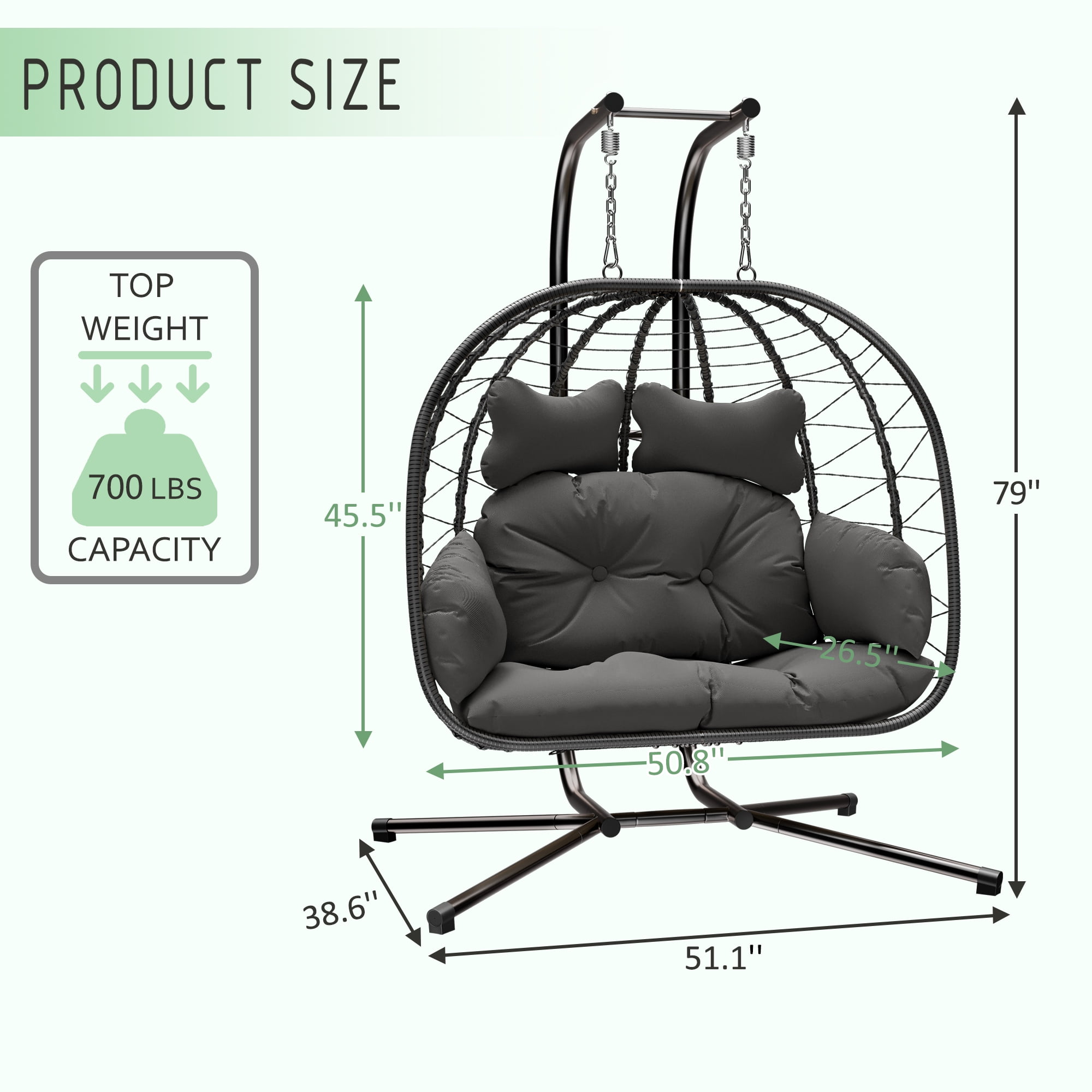 LHBcraft Double Wicker Swing Egg Chair Hammock Foldable Hanging Loveseat with Stand, UV Resistant Removable Cushions, 700LBS Capacity for Bedroom, Balcony (Black and Grey)